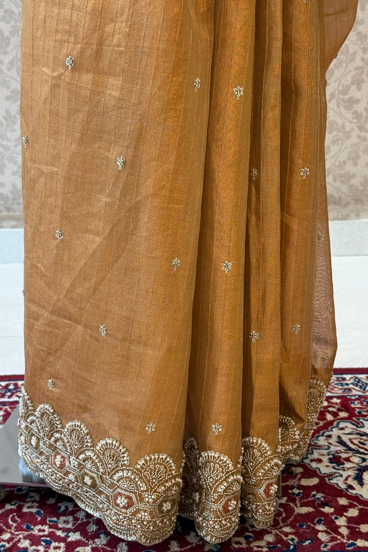 Copper Gold Beads, Sequins and Pearl work Saree