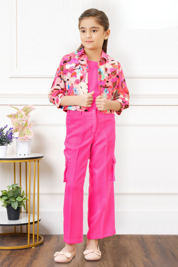 Neon Pink with Multicolor Digital Print Jacket Styled Co-ord Set for Girls