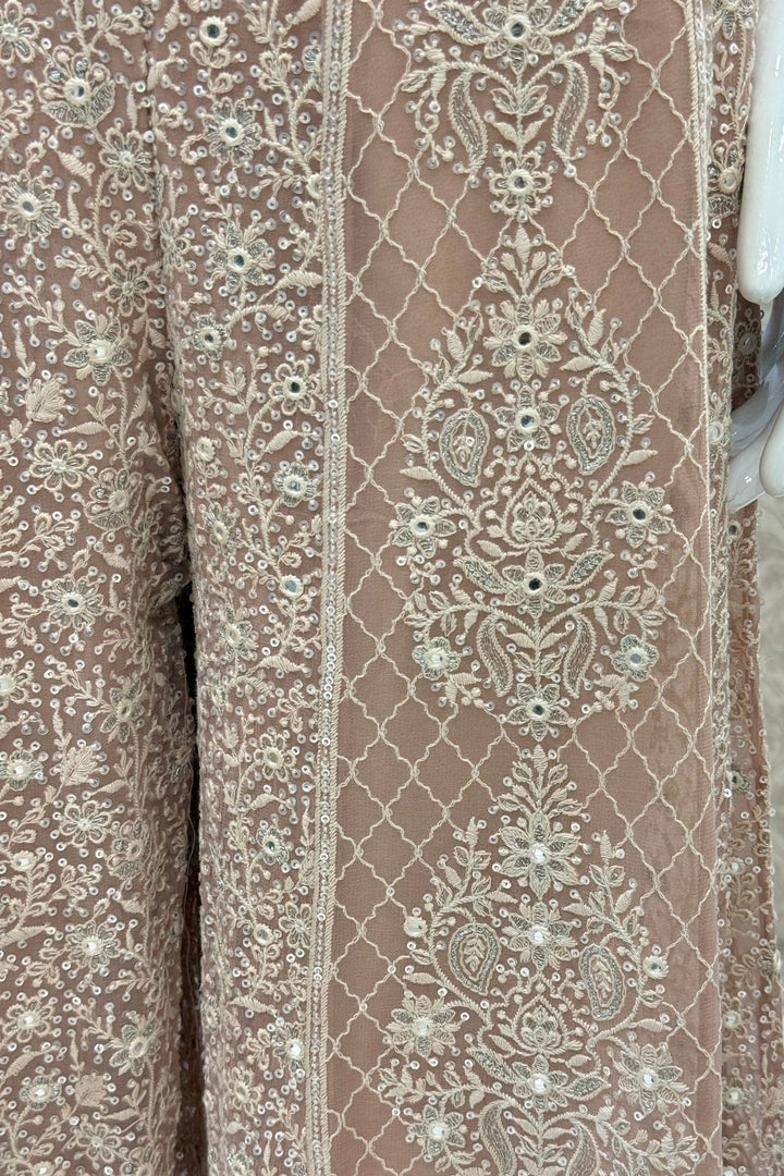 Peach Halter Neck Palazzo Set with Chikankari, Beads, Sequins, Mirror and Stone Detailing