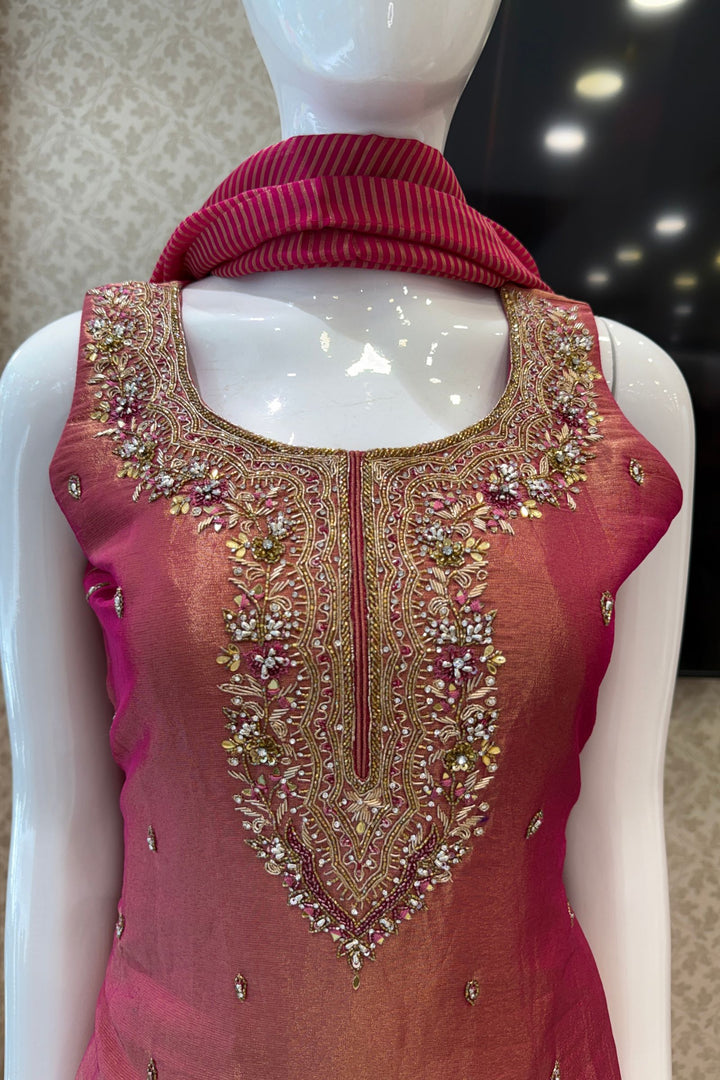 Rani Pink Palazzo Salwar Suit with Zardozi, Mirror and Beads Detailing