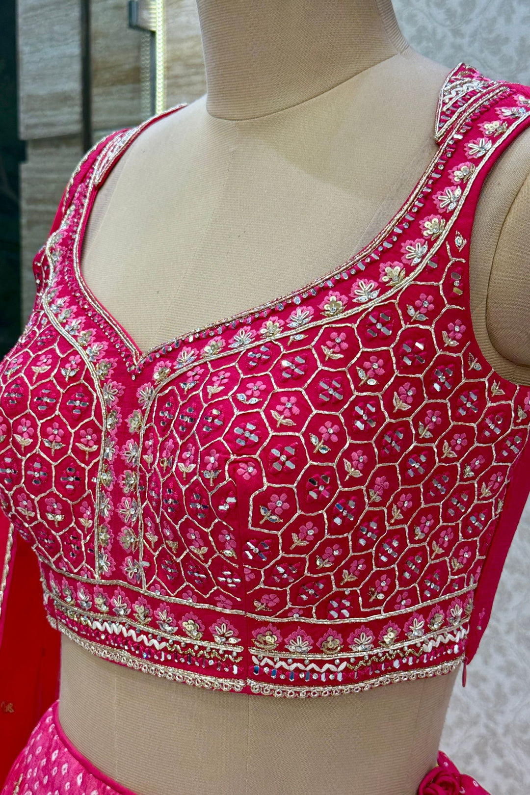 Rani Pink Mirror, Stone, Zardozi and Sequins work with Bandini Print Crop Top Lehenga
