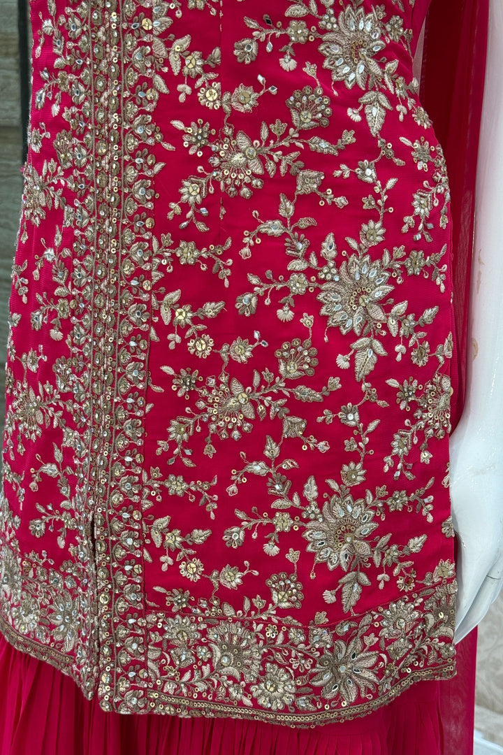 Rani Pink Sequins, Zari, Stone, Mirror and Thread work Sharara Salwar Suit