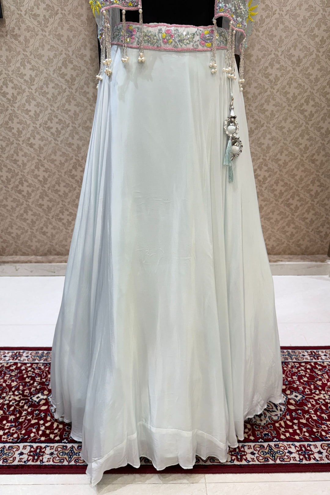 Sea Blue Beads, Sequins and Stone work with Poncho Crop Top Lehenga