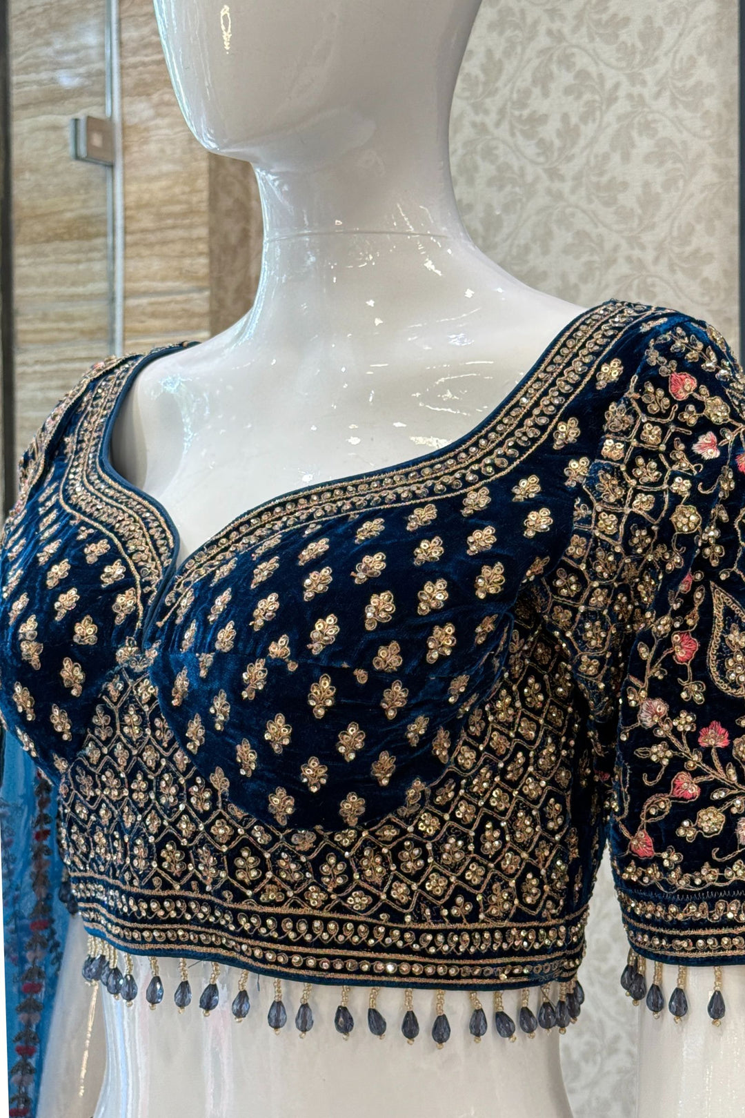 Peacock Blue Zardozi, Beads and Embroidery work Crop Top Designer Bridal Lehenga