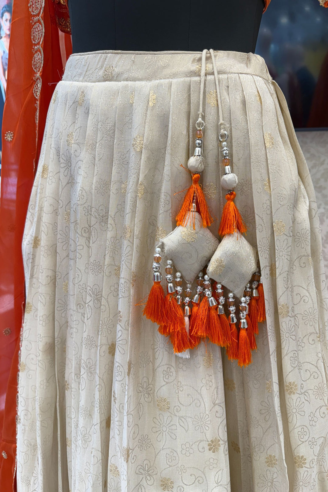 Orange with Cream Banaras, Zardozi, Sequins, Beads and Zari work Crop Top Lehenga