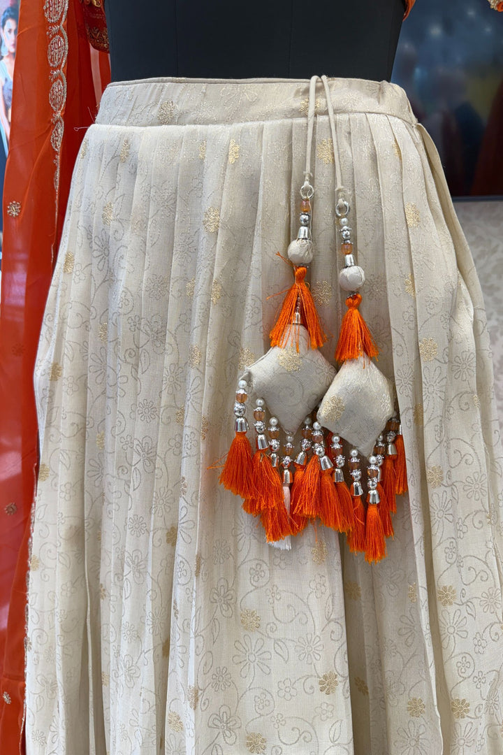 Orange with Cream Banaras, Zardozi, Sequins, Beads and Zari work Crop Top Lehenga