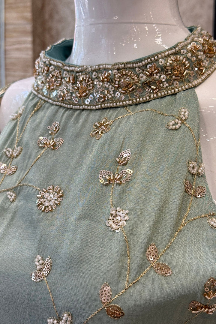 Sea Green Zari, Sequins and Beads work Palazzo Salwar Suit