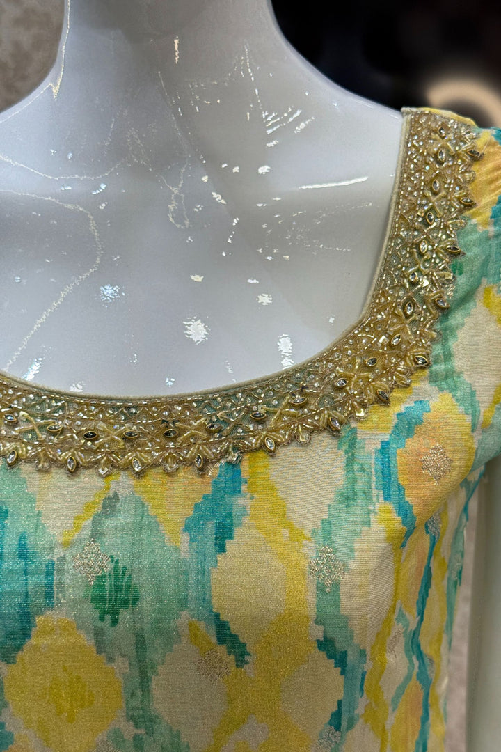 Multicolor Digital Print, Beads, Stone, Zari and Banaras work Straight Cut Salwar Suit