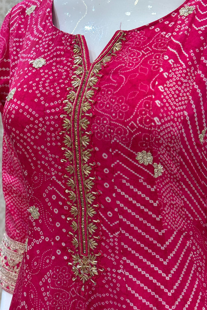 Rani Pink Zardozi, Stone, Sequins and Zari work with Bandini Print Anarkali Style Salwar