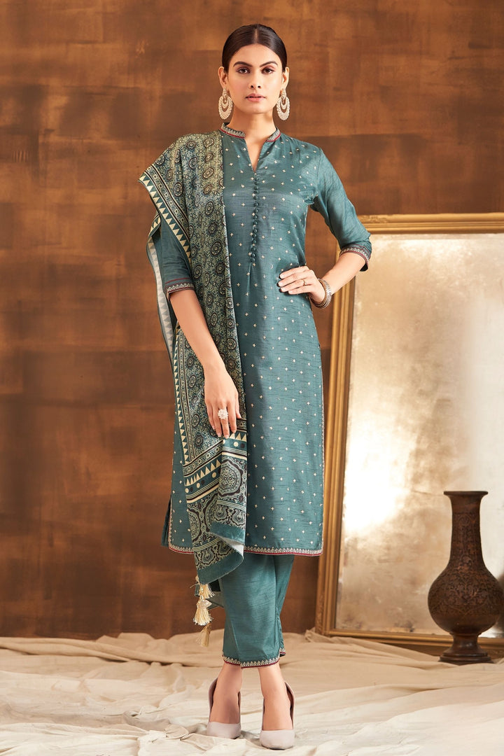 Pastel Blue Sequins and Thread work Straight Cut Salwar Suit with Kalamkari Print Dupatta