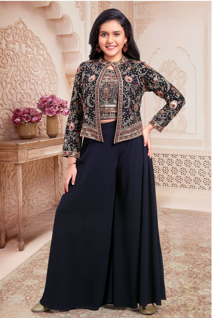 Navy Blue Multicolor Embroidery, Sequins and Zari work Jacket Styled Palazzo Set for Girls