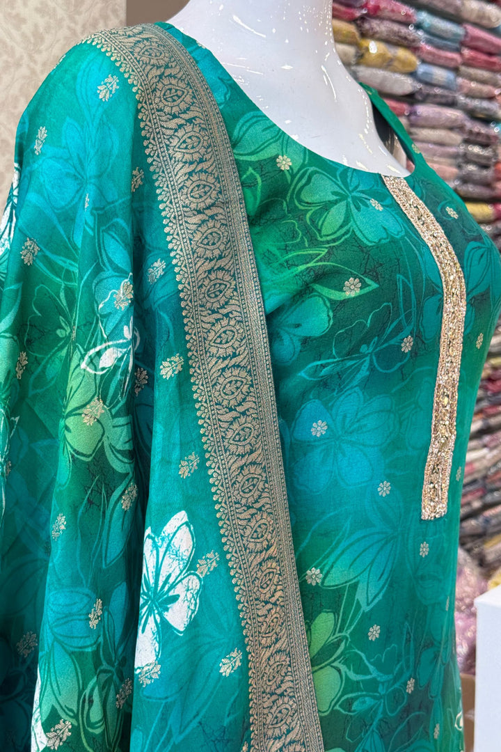 Green Banaras, Beads, Zardozi and Stone work with Floral Print Straight Cut Salwar Suit