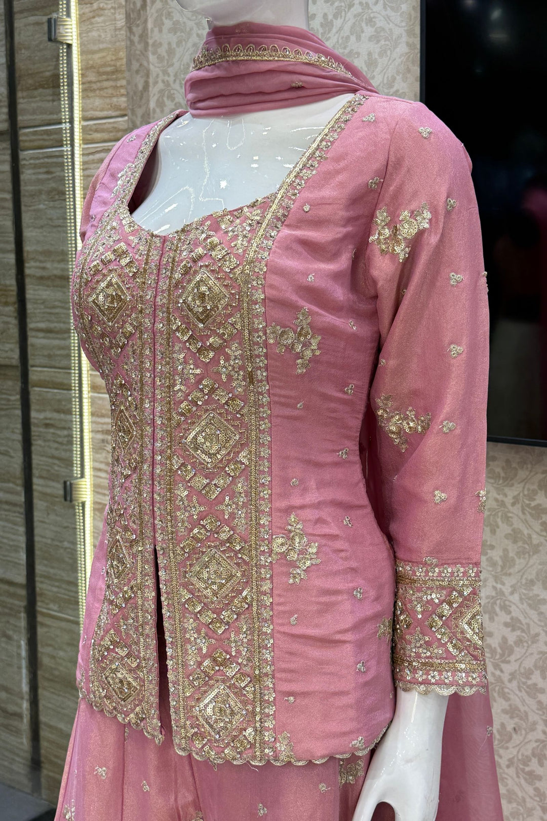 Baby Pink Sequins, Beads, Stone, Zari and Zardozi work Palazzo Salwar Suit