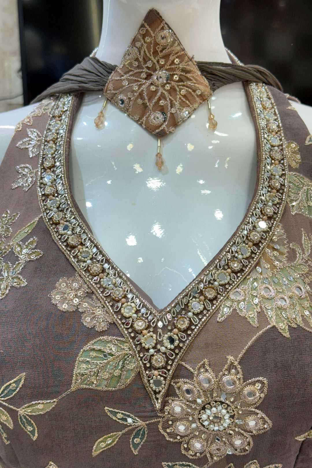 Brown Zari, Beads, Mirror and Zardozi work Palazzo Salwar Suit