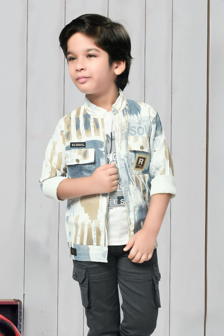 Cream and White Printed Blazer, T-Shirt and Dark Grey Cargo Pant Set for Boys