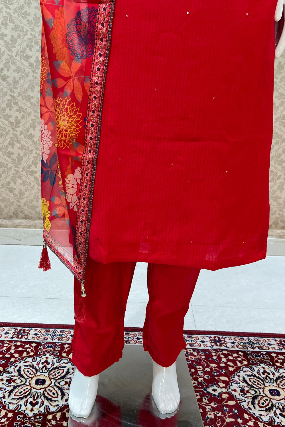 Red Mirror, Stone, Thread and Zari work Straight Cut Salwar Suit with Floral Print Dupatta