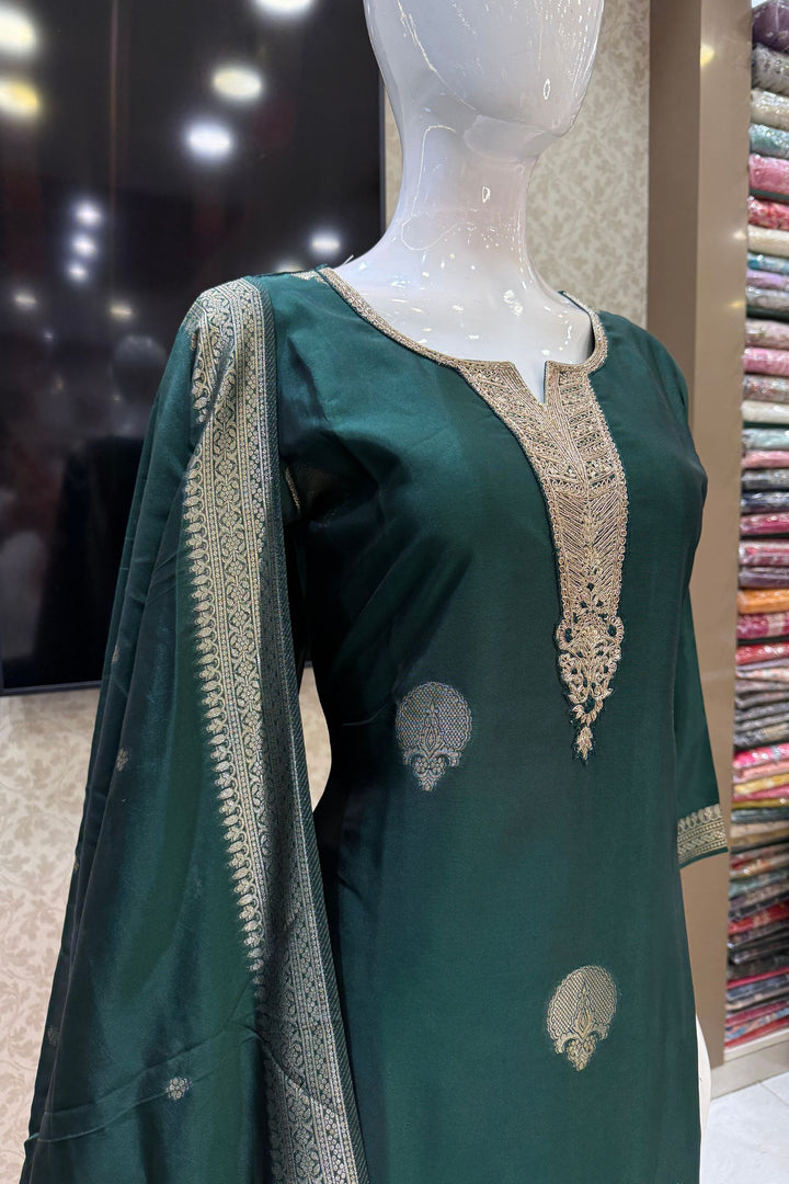 Bottle Green Banaras, Zardozi, Sequins, Beads and Zari work Straight Cut Salwar Suit