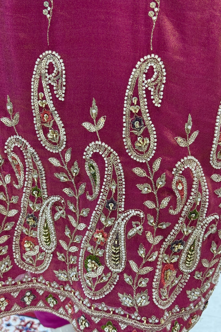 Magenta Pink Beads, Zardozi, Mirror, Pearl, Zari and Sequins work Straight Cut Salwar Suit