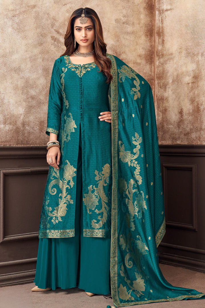 Rama Blue Banaras, Zardozi, Zari, Sequins, Stone and Jacquard work Palazzo Salwar Suit