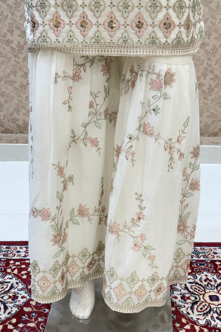 Cream Multicolor Thread, Zari, Sequins, Mirror, Stone and Zardozi work Sharara Salwar Suit