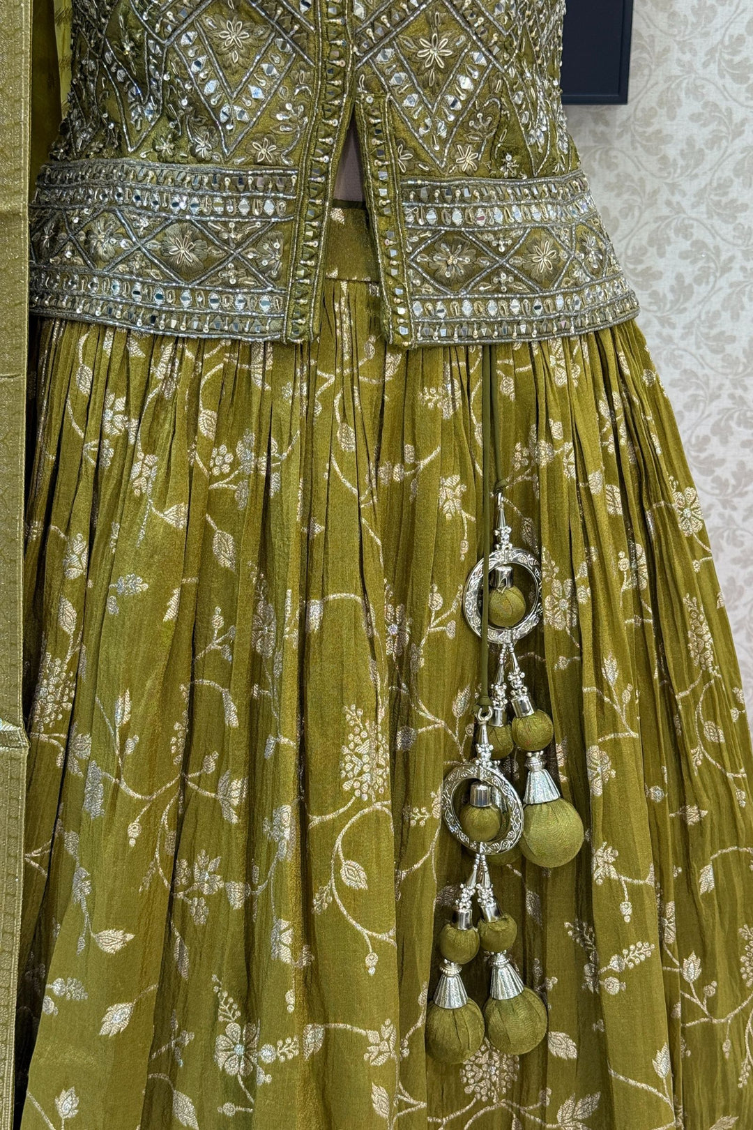Mehendi Green Mirror, Beads, Sequins, Zardozi and Banaras work Peplum Style Lehenga