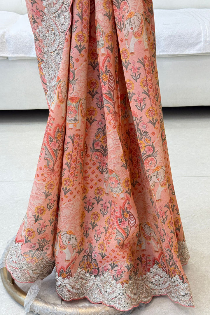 Peach Sequins and Zari work with Digital Print Saree