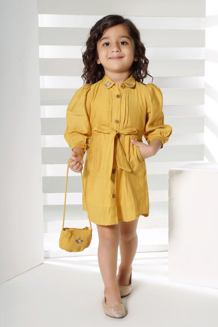 Mustard Short Frock For Girls with Bag