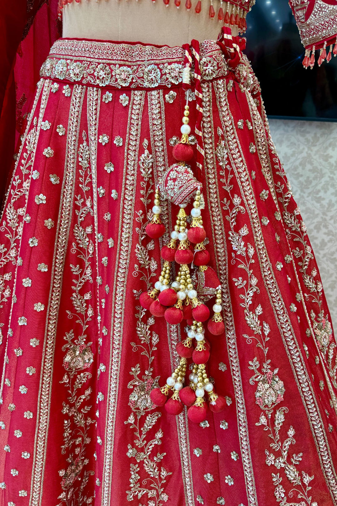 Coral Red Handworked Zardozi, Sequins, Pearl and Beads work Crop Top Designer Bridal Lehenga