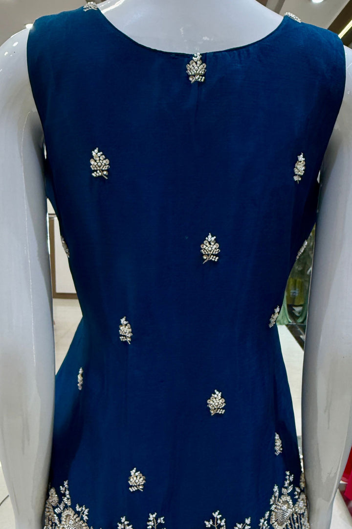 Peacock Blue Beads, Zari and Sequins work Palazzo Salwar Suit