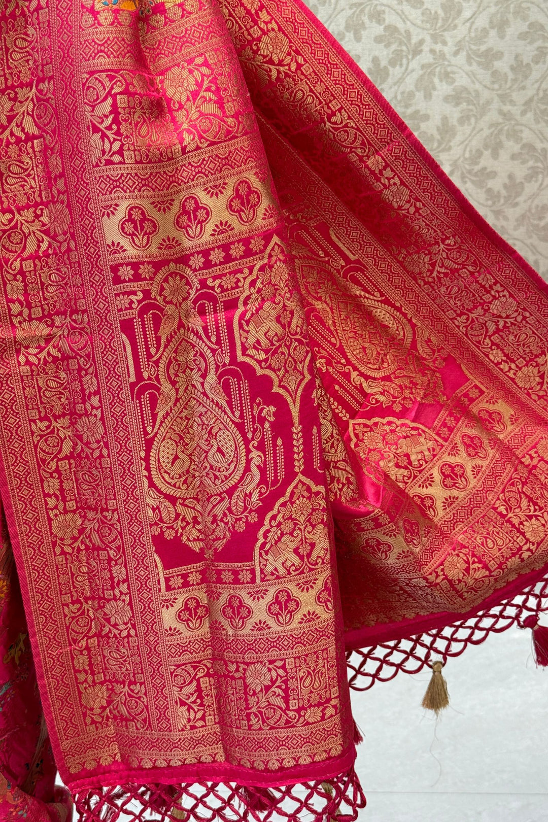 Rani Pink Saree Featuring Heritage Wildlife and Floral Banaras