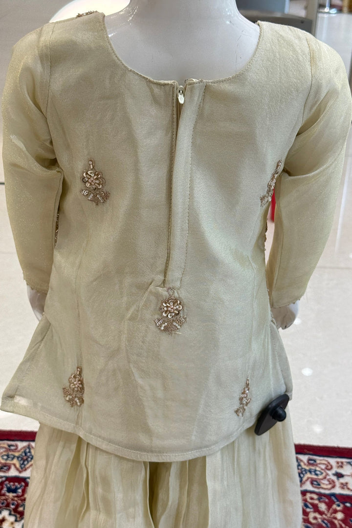 Cream Beads, Sequins, Zari, Zardozi and Mirror work Palazzo Suit Set for Girls