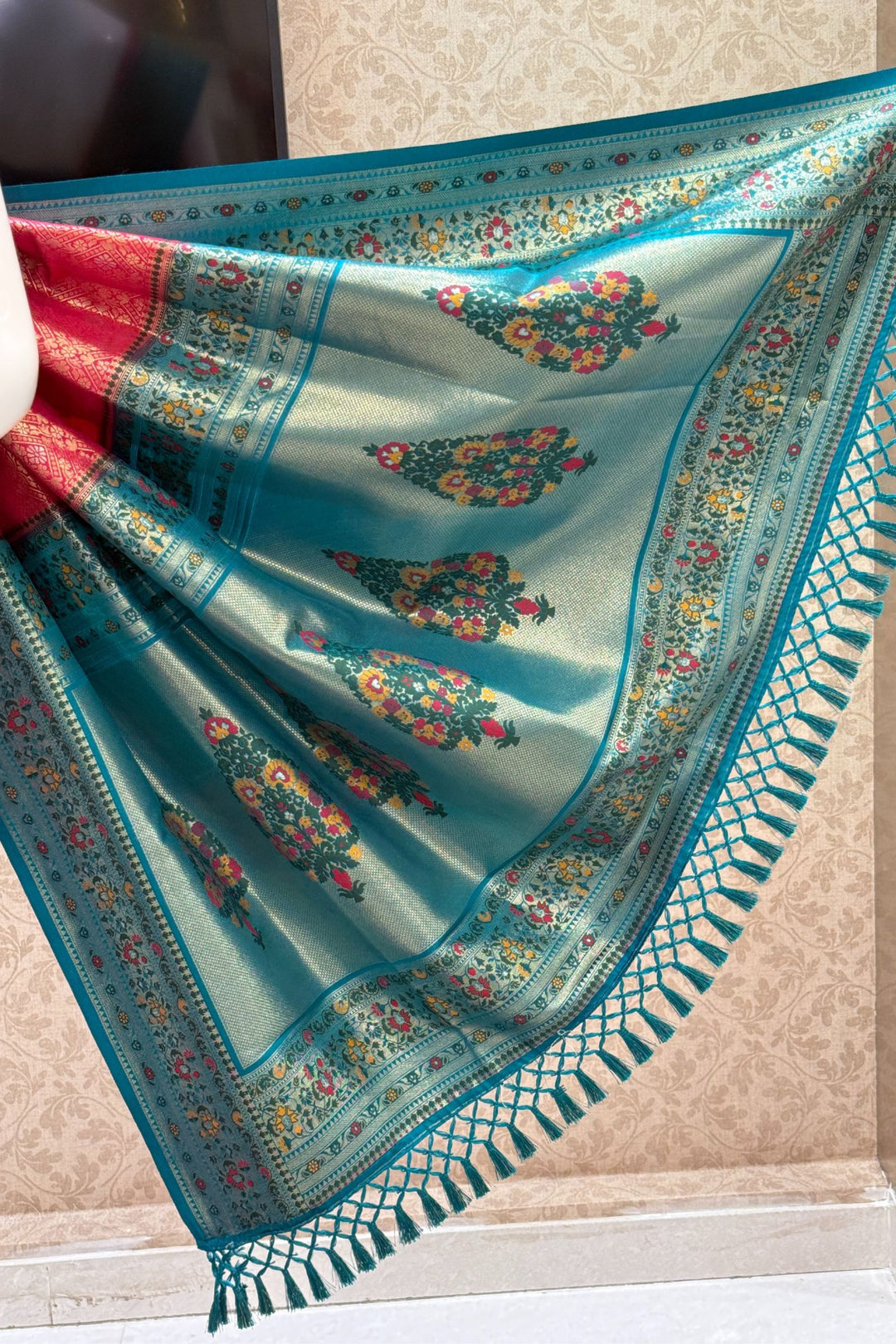 Rama Rani Rani Pink with Rama Blue Banaras work Saree – Seasons Chennai