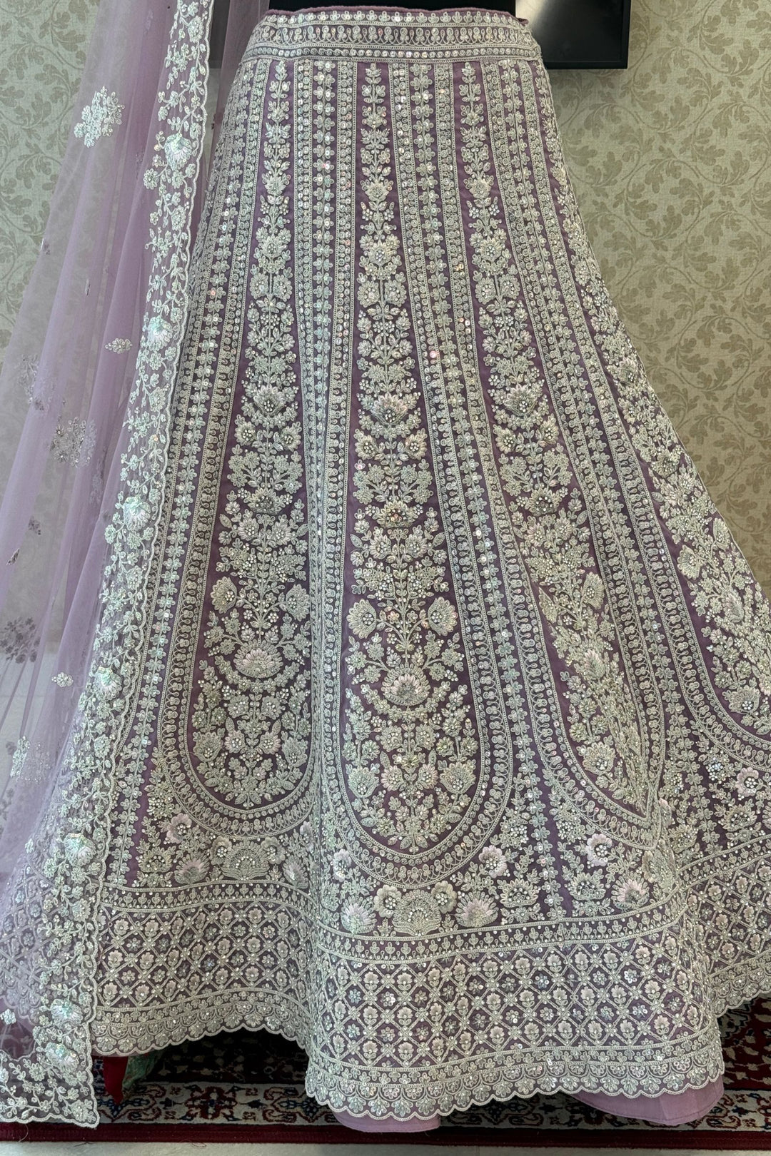 Lavender Wedding Lehenga with Intricate Zardozi, Sequins, Beads and Floral Embroidery
