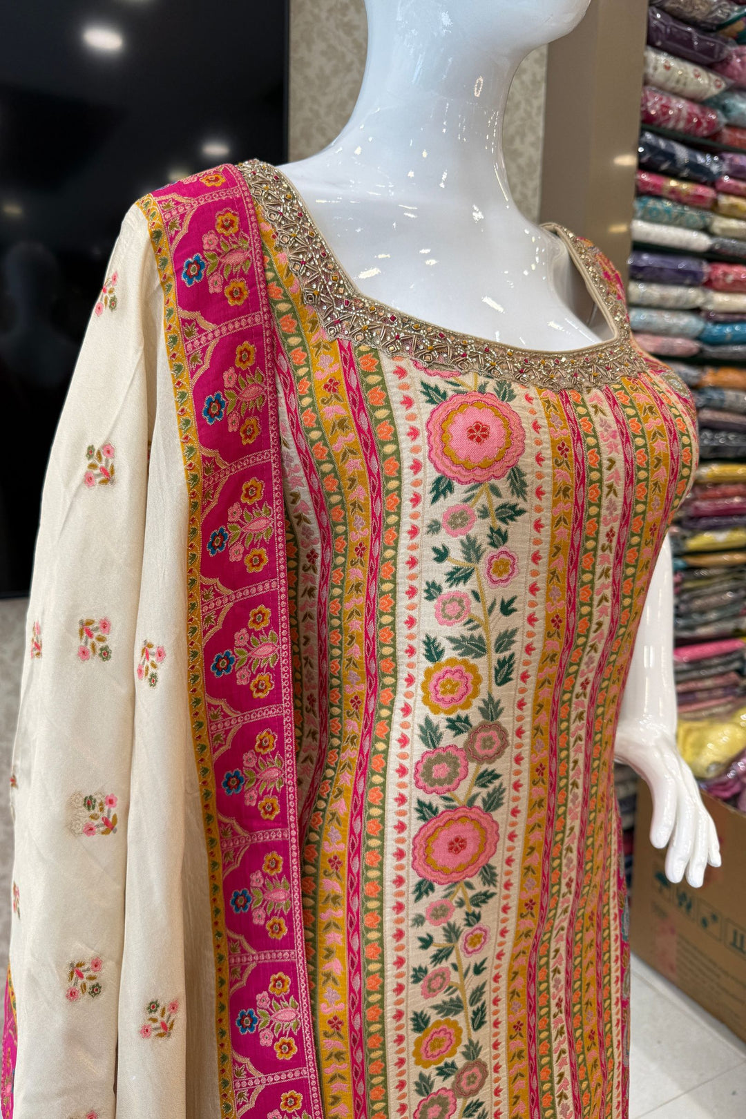 Beige Banaras, Beads and Zardozi work with Multicolor Digital Print Straight Cut Salwar Suit