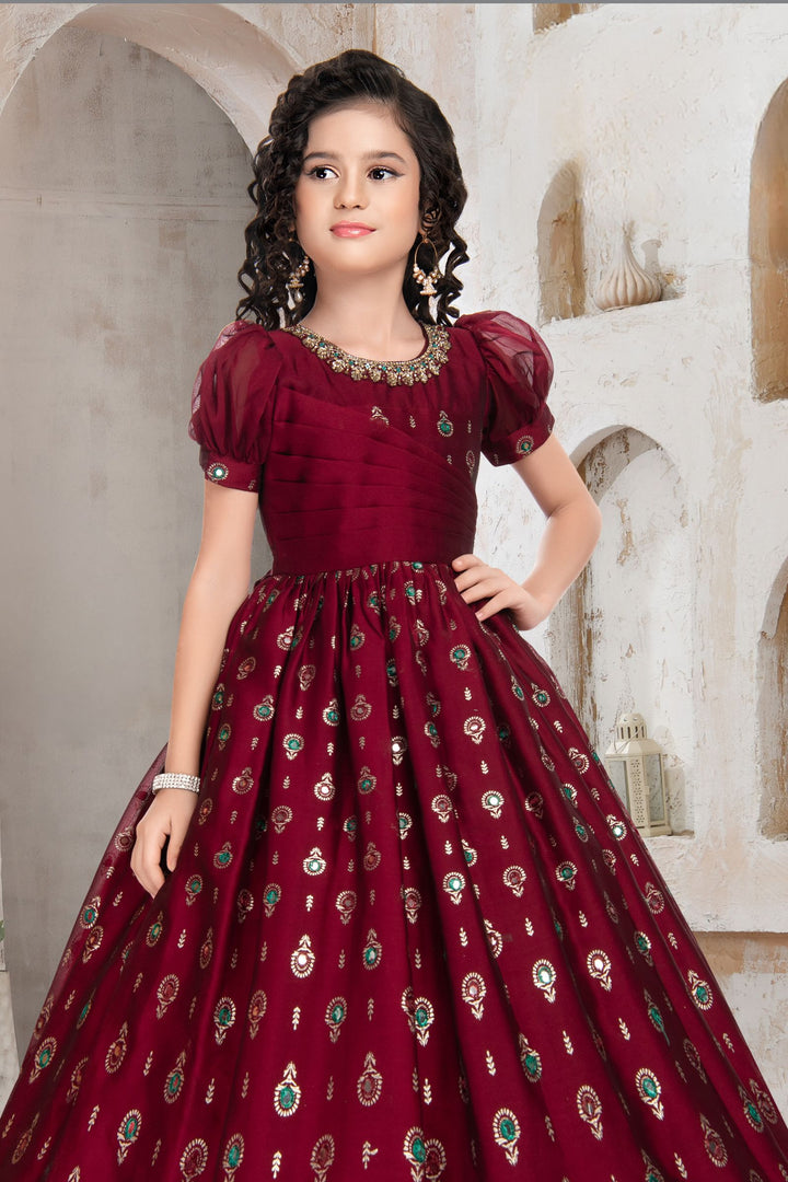 Maroon Printed, Stone, Beads and Zardozi work Long Party Gown for Girls