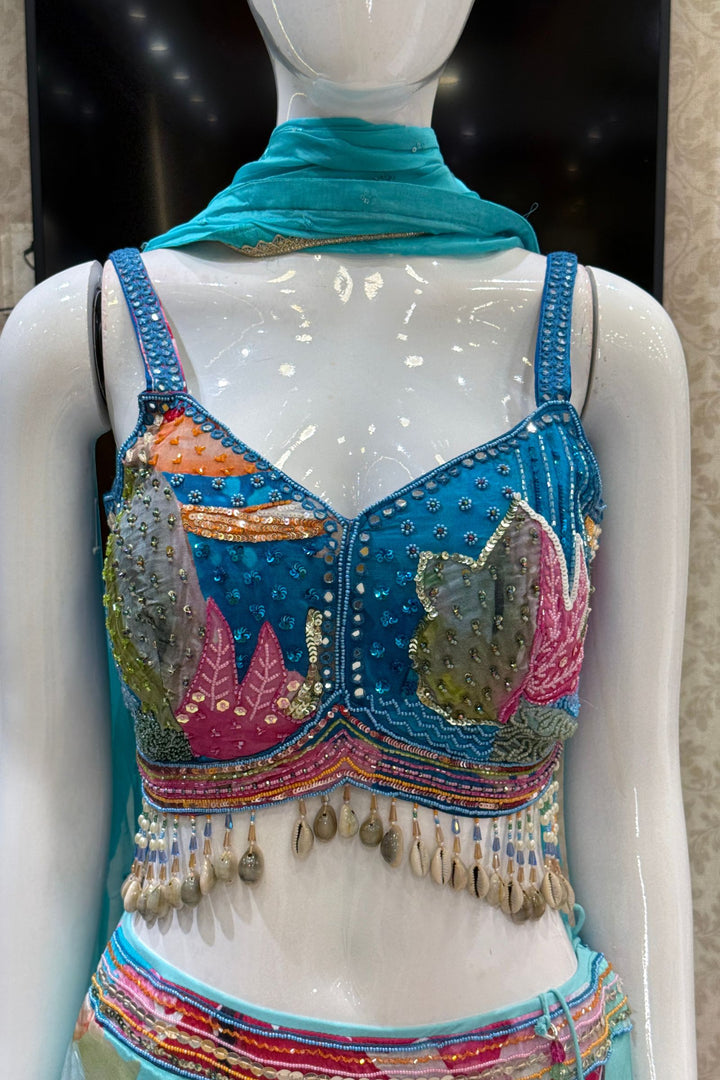 Blue Sequins and Beads work with Floral Print Lehenga