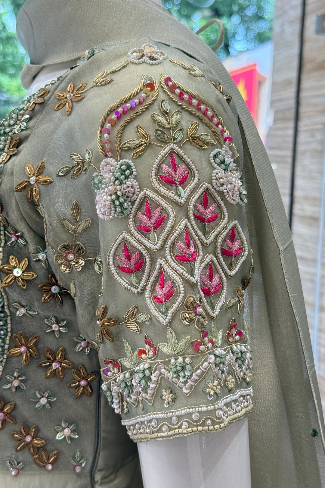 Sea Green Beads, Zardozi, Sequins and Multicolor Thread work Peplum Style Lehenga