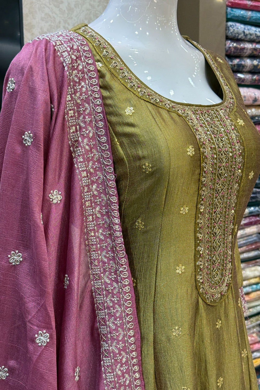Olive Green Beads, Zardozi, Thread, Sequins, Stone and Zari work A-line Cut Salwar Suit