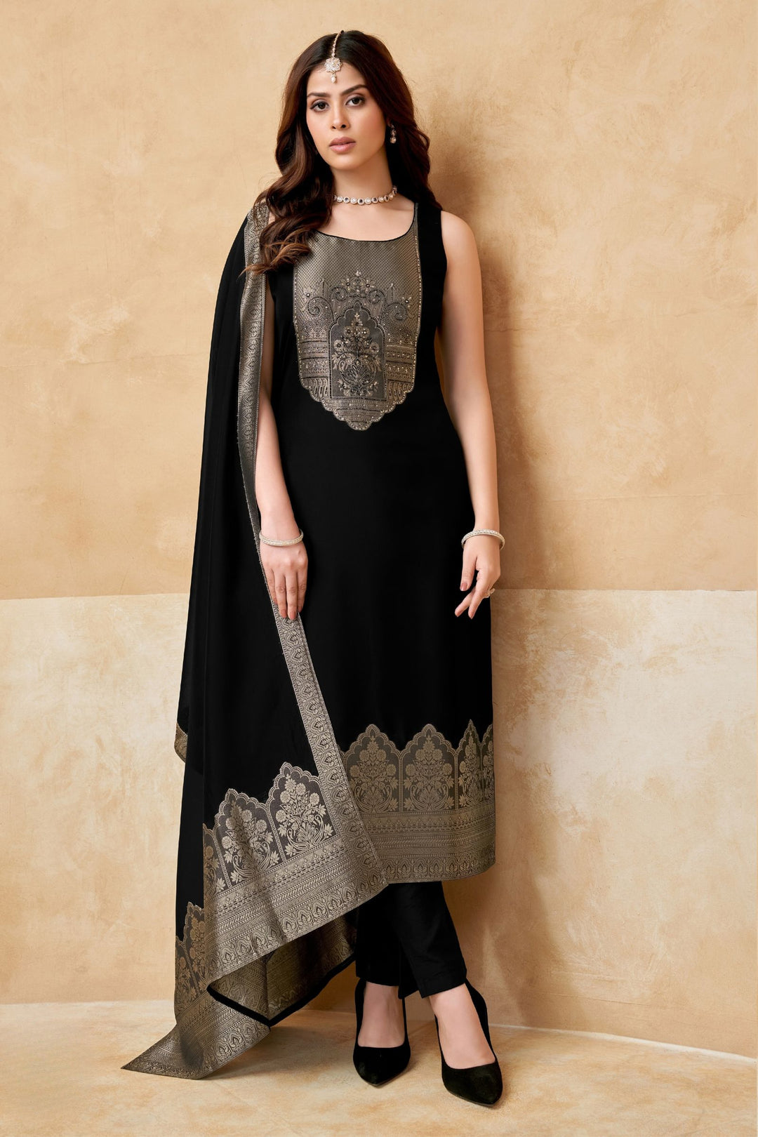 Black Zardozi, Sequins, Banaras and Beads work Straight Cut Salwar Suit