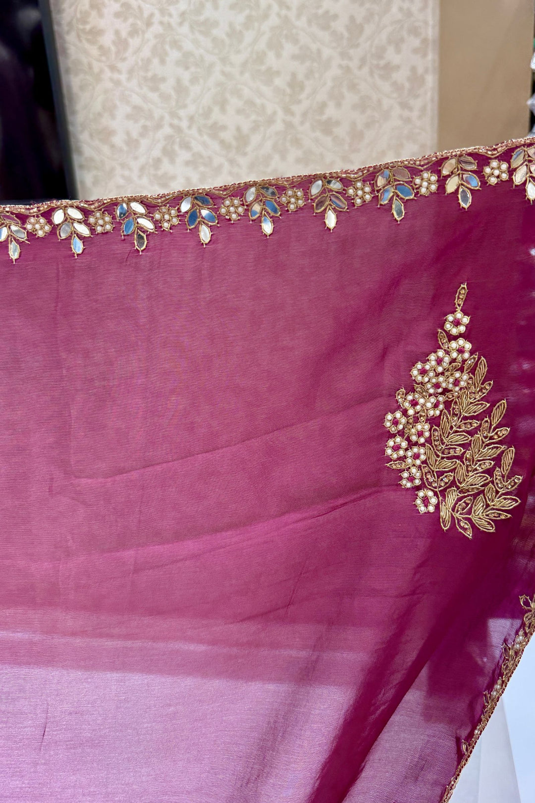 Wine Mirror, Pearl, Zardozi, Stone and Beads work Saree