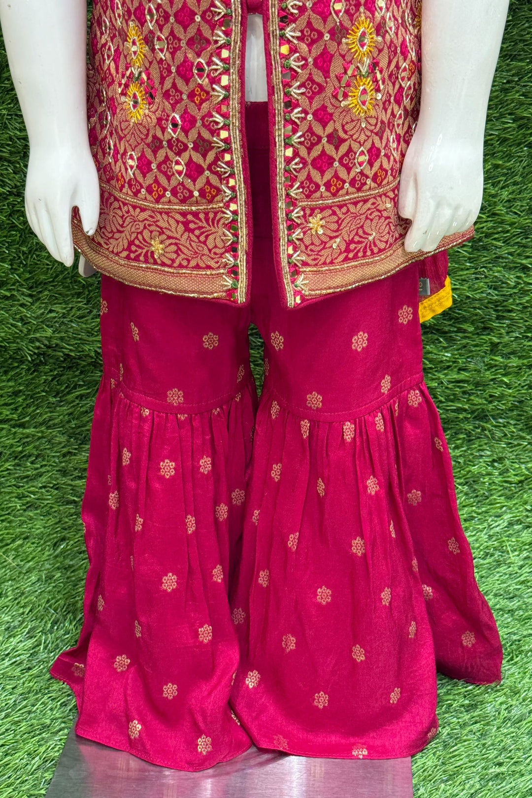 Dark Pink Zari, Mirror, Sequins and Beads work Sharara Suit Set for Girls