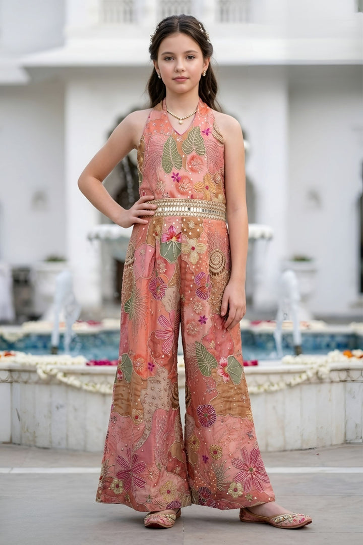 Peach Zari, Mirror and Sequins work with Floral Print Long Jumpsuit for Girls
