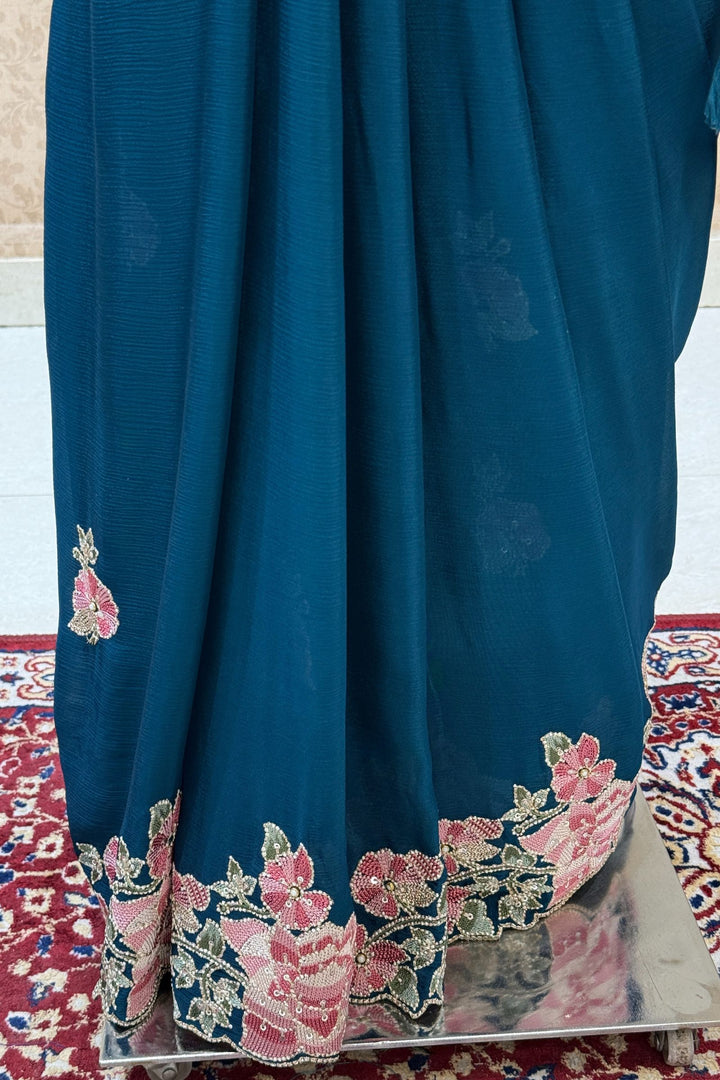 Peacock Green Embroidery, Sequins, Pearl and Zari work Saree