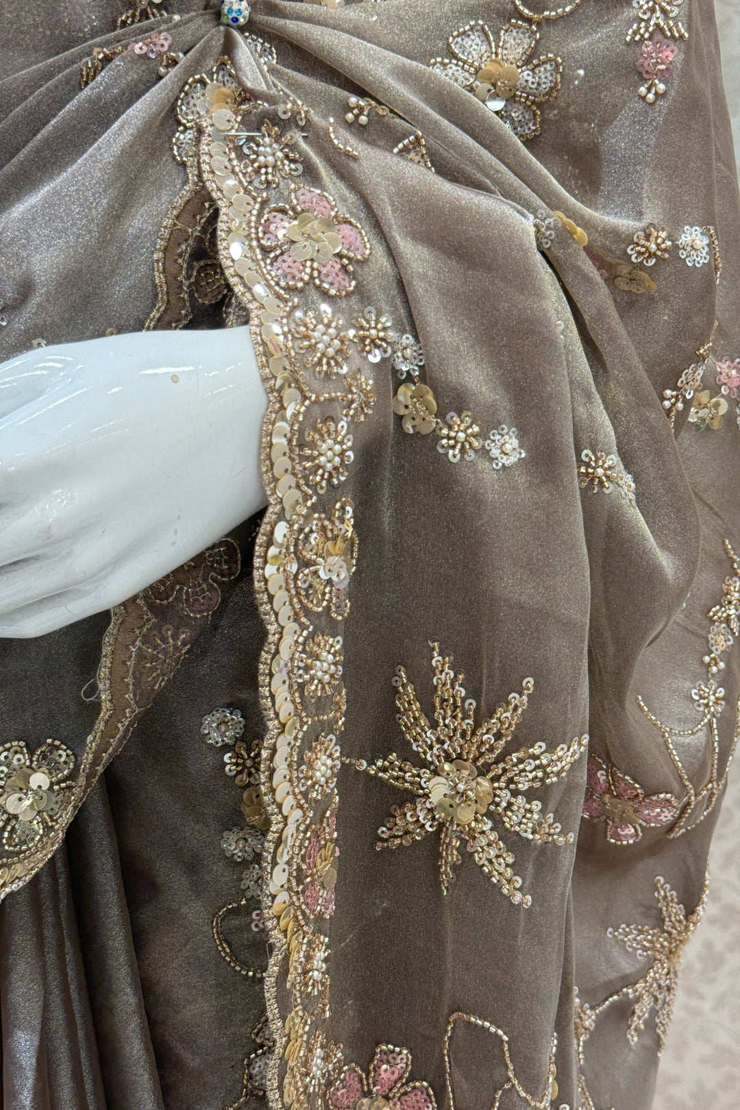 Copper Sequins, Beads, Zari and Pearls work Saree