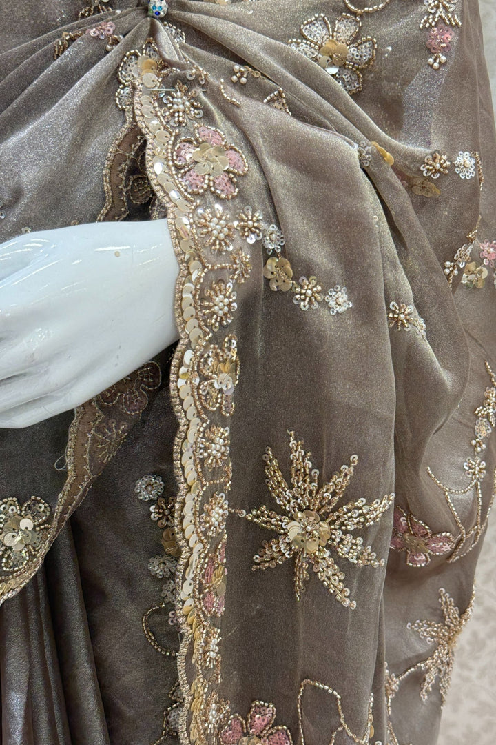 Copper Sequins, Beads, Zari and Pearls work Saree
