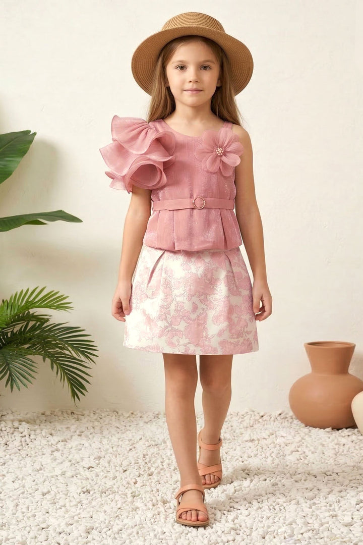 Peach Top and Cream Zari work with Digital Print Skirt for Girls