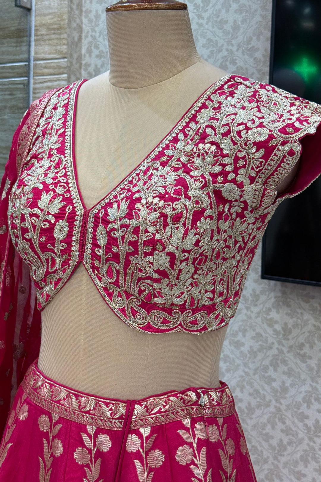 Rani Pink V-Neck Lehenga Choli with Zari, Beads, Sequins and Brocade Work