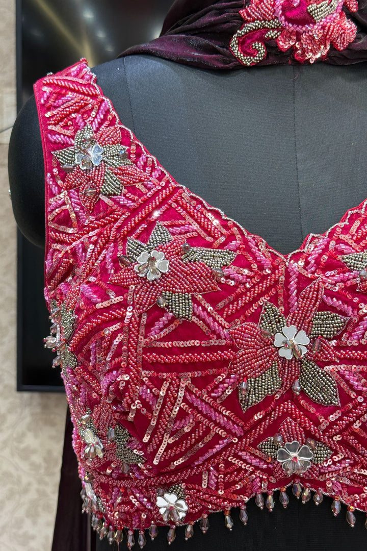 Magenta Mirror, Beads and Sequins work Crop Top Lehenga