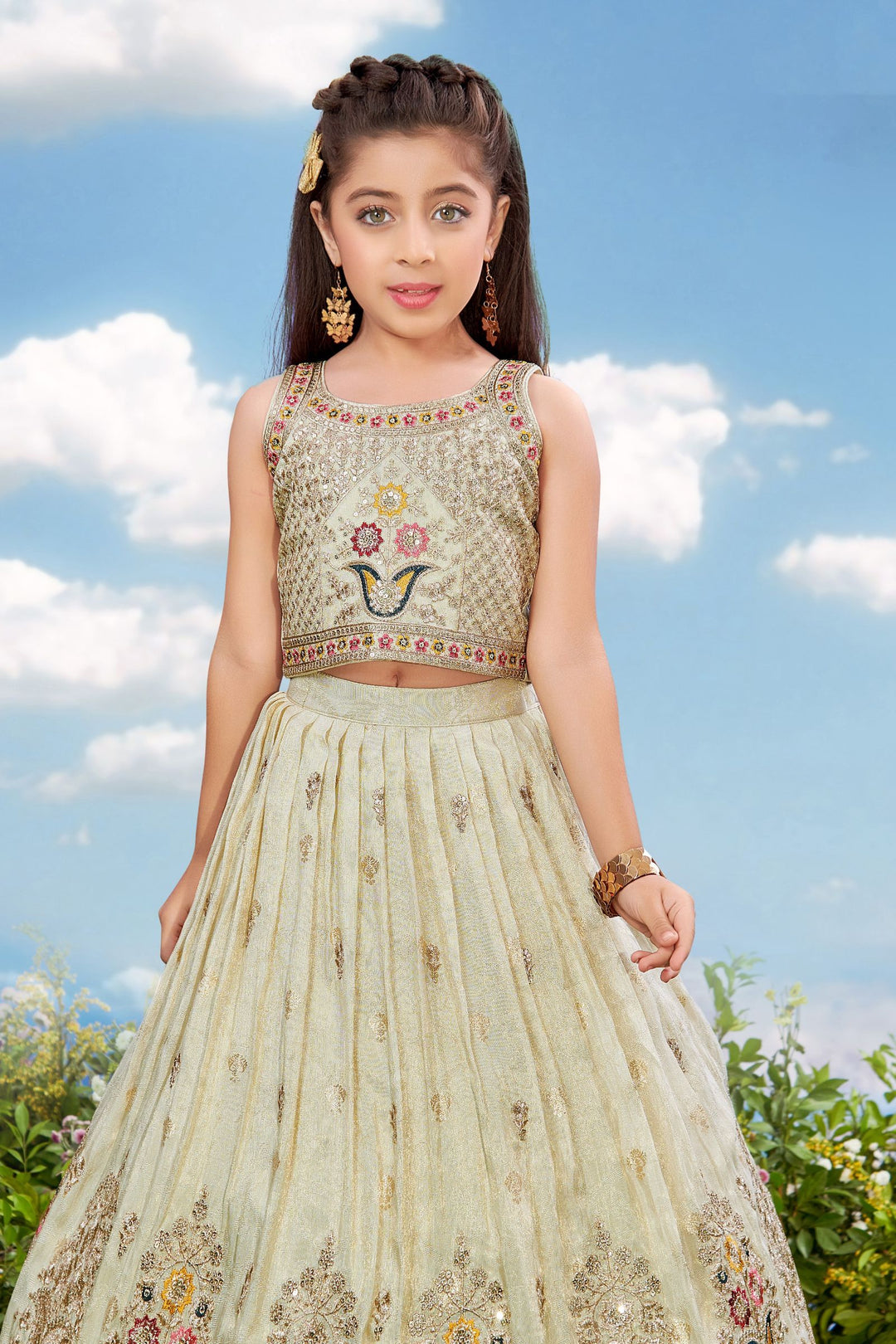 Beige Zari, Sequins and Multicolor Thread work Lehenga Choli for Girls