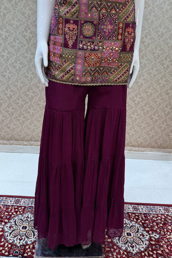 Wine Stone, Mirror and Banaras work with Digital Print Sharara Salwar Suit